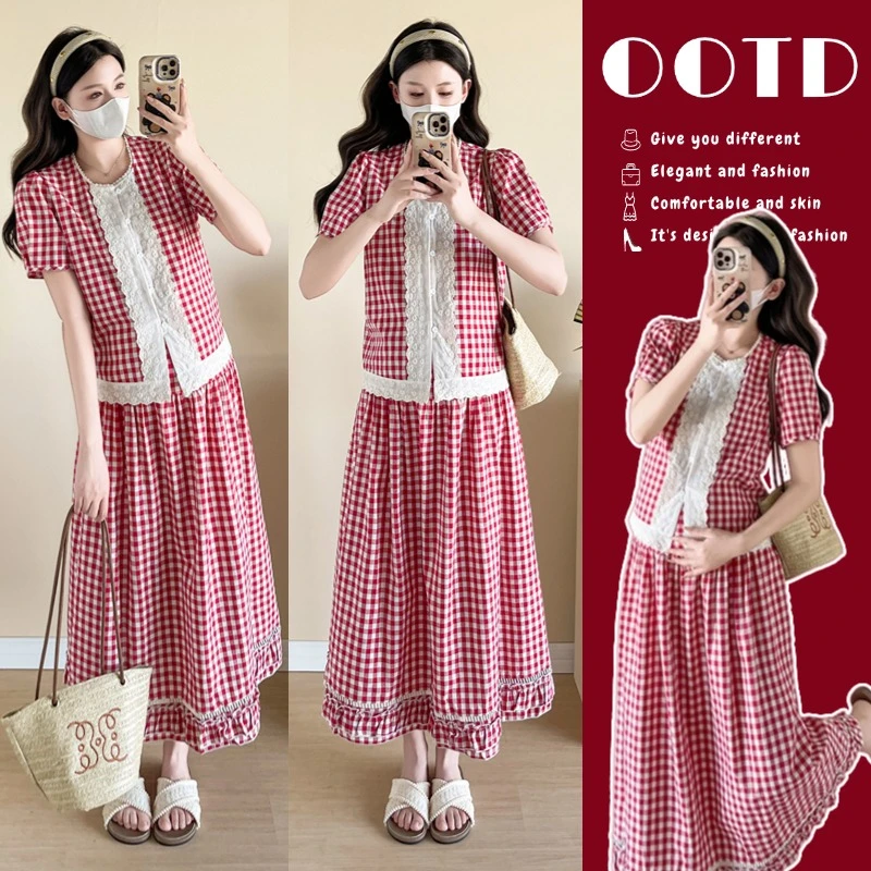 66家~小个子孕妇套装夏季新款花边圆领格子上衣+半身裙套装