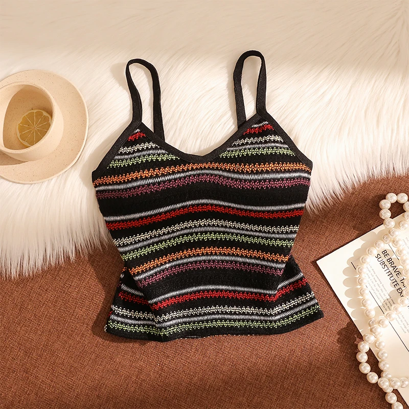 复古度假风条纹针织吊带背心女夏季辣妹短款内搭外穿设计感上衣