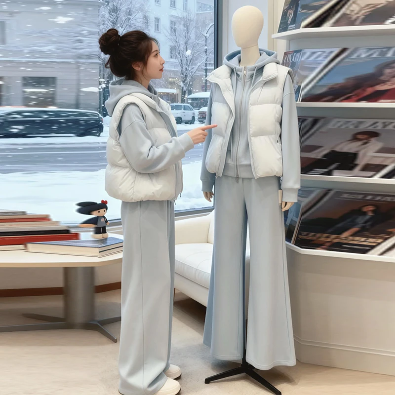 LI KE YOU【松弛蓝调】气质保暖套装女秋冬宽松大码三件套高级感