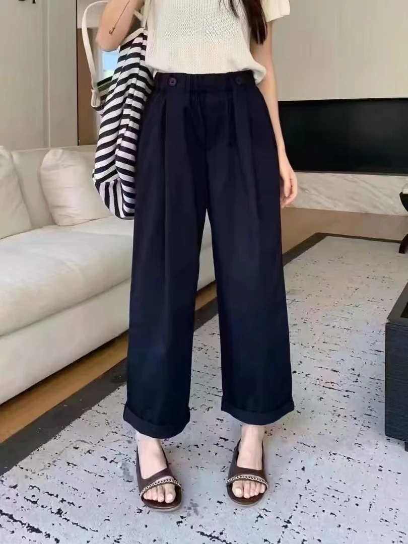 2277番外夏季新款薄款百搭时尚高腰显瘦阔腿九分休闲裤女