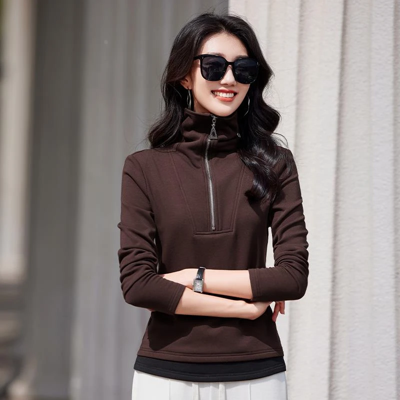 德绒撞色拉链高领长袖打底衫女2025秋冬新款修身高级内搭外穿上衣