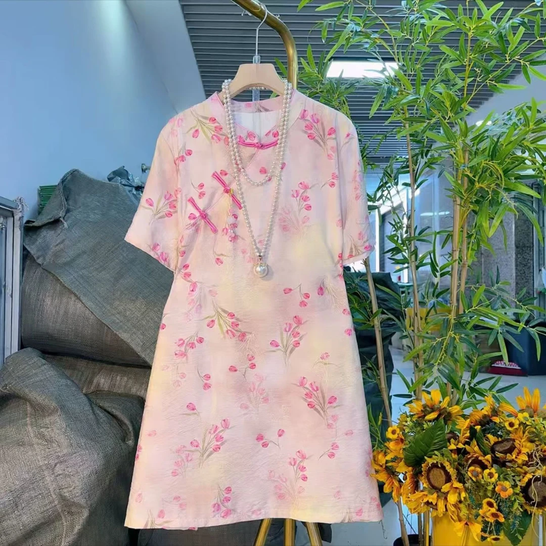 大码新中式国风复古文艺圆领印花改良旗袍裙宽松显瘦连衣裙