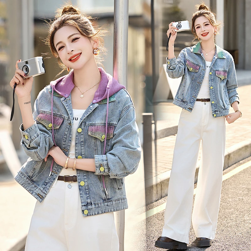 撞色连帽牛仔外套女2025年新款春秋小个子百搭短款夹克上衣