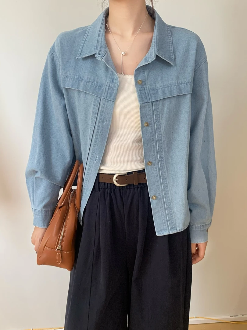 【Niche Young】慕晴  韩系新款浅蓝色宽松休闲牛仔衬衫上衣QD21077