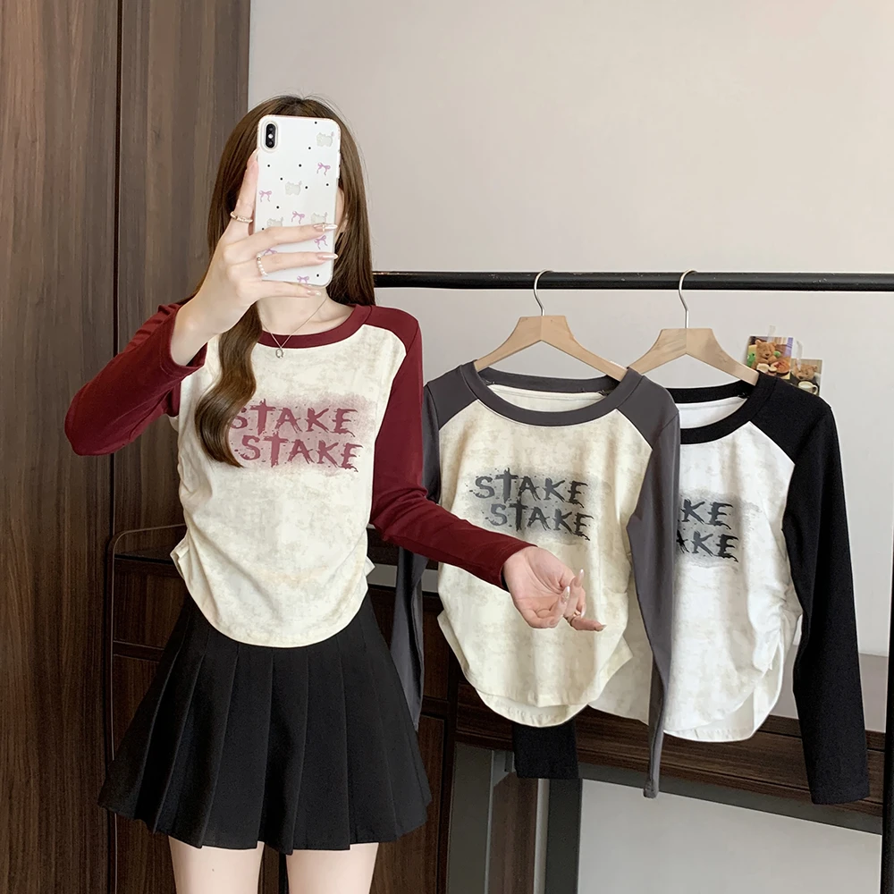 大码女装新款设计感扎染拼色长袖T恤2920