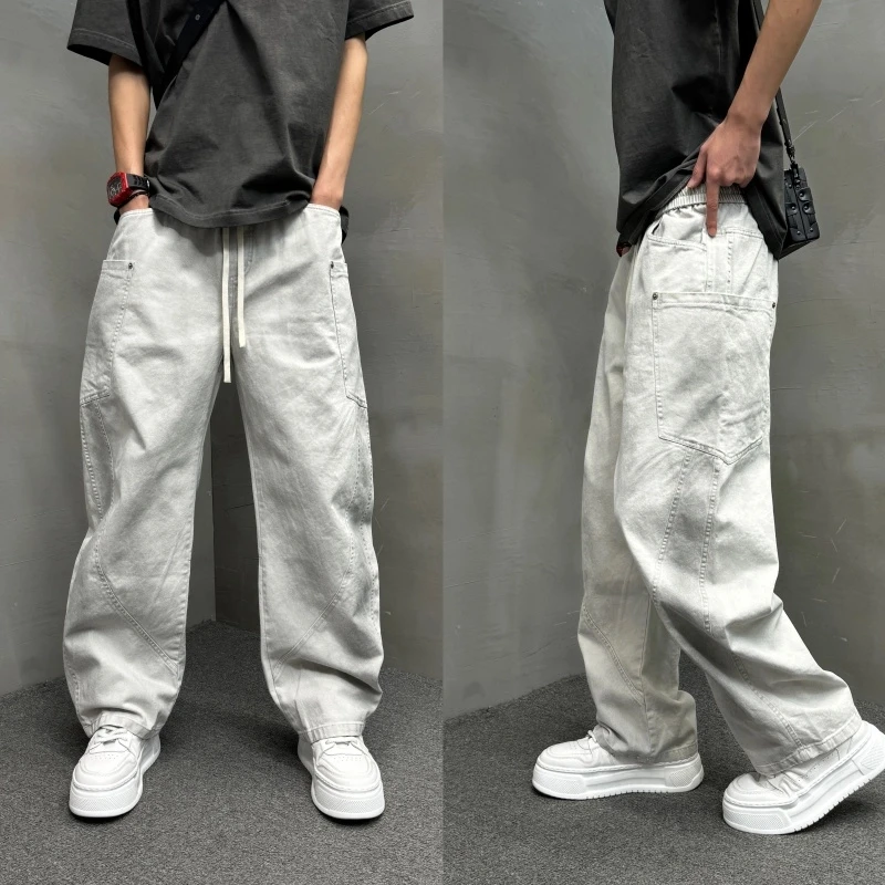 春季男士百搭美式复古做旧脏脏牛仔裤弯刀裤青年宽松大码阔腿裤
