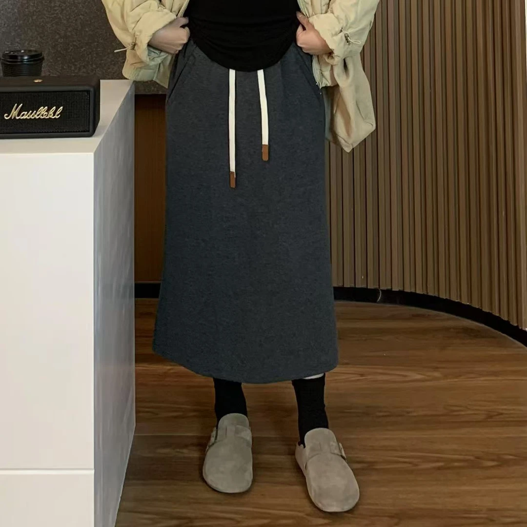 【折扣】小羽酱小个子定制韩系秋冬百搭加绒松紧腰后开叉半身裙卫裙