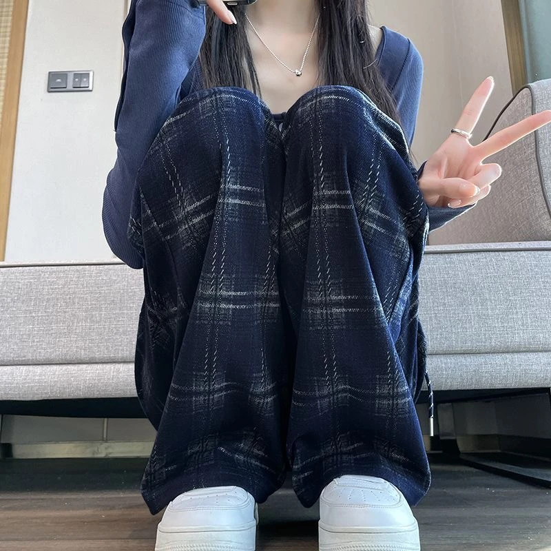 复古格子阔腿裤女2025新款春秋季宽松休闲高腰垂感窄版直筒休闲裤