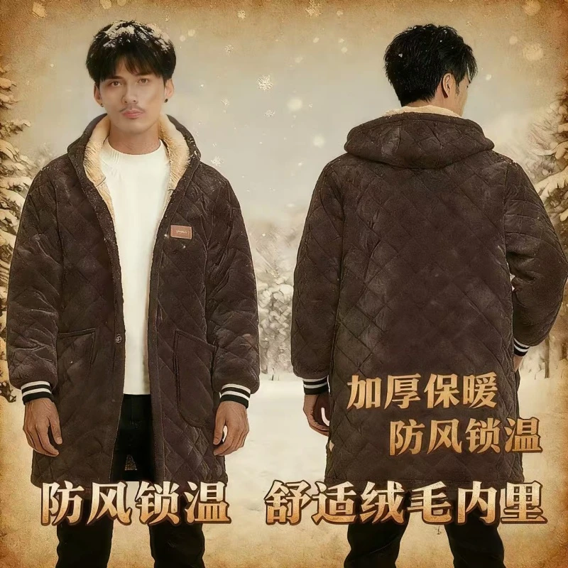 25年新款男士棉罩衣中长款宽松型冬季防寒连帽棉衣加绒保暖棉服