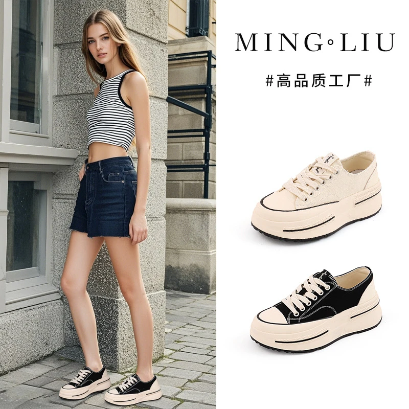 秋季内里头层羊皮帆布鞋2025秋季新款女士增高厚底鞋女休闲百搭鞋