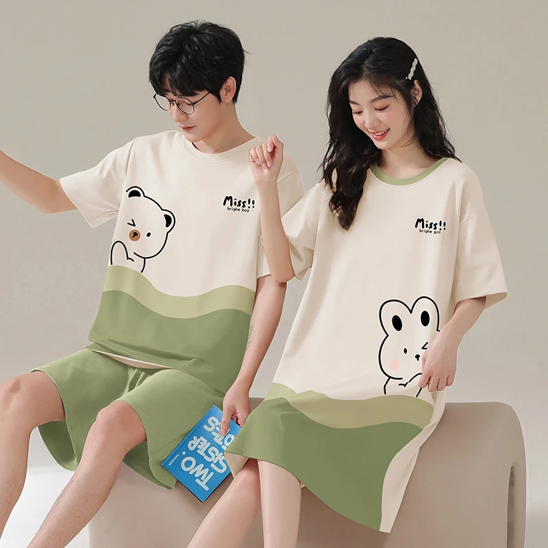 情侣睡衣夏季纯棉短袖睡裙卡通可爱薄款家居服情侣装一男一女夏天