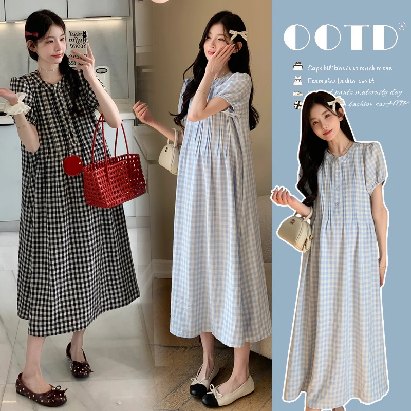 2025夏季新款孕妈泡泡袖法式复古格子连衣裙简约中长款连衣裙