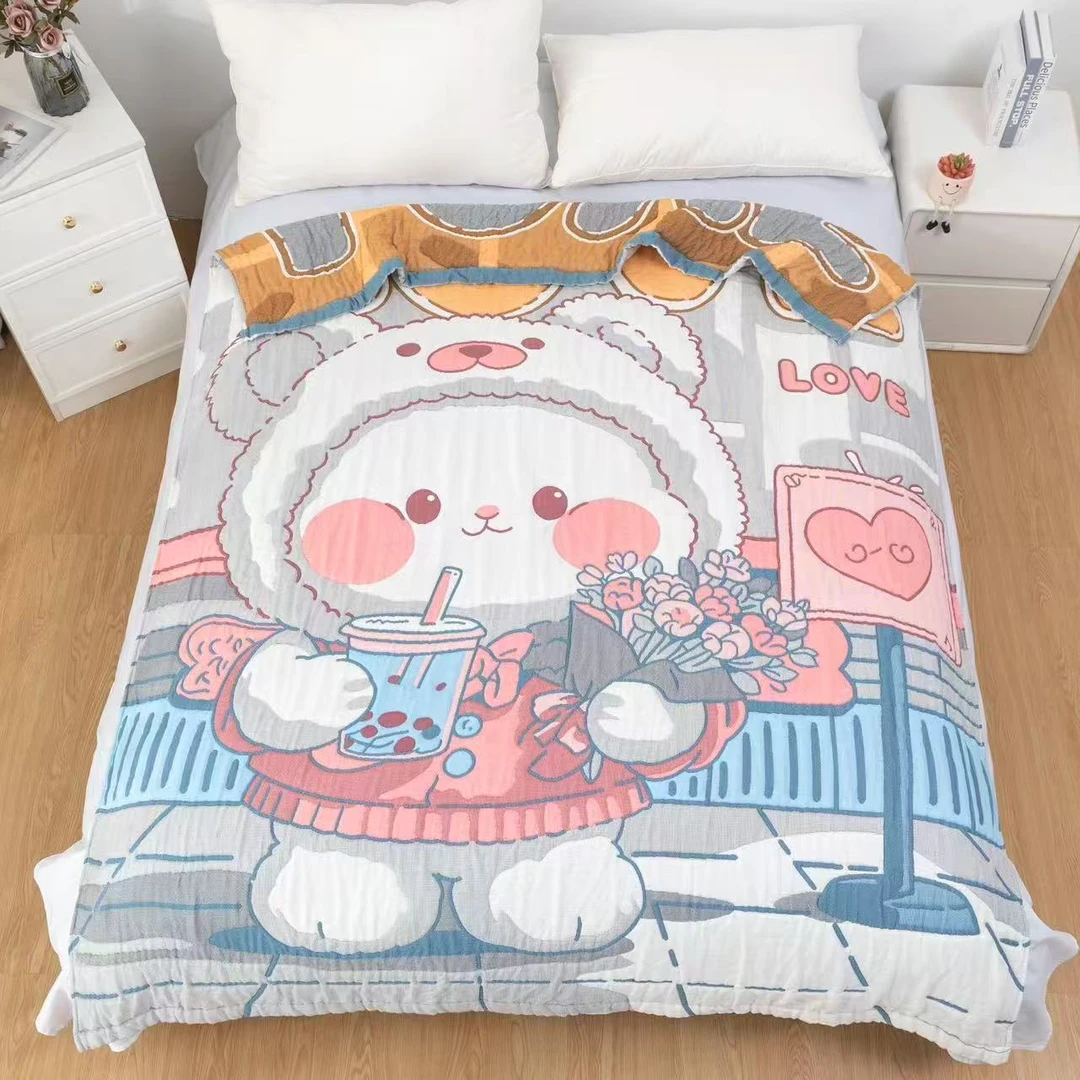 [爱心熊]150*200棉纱布泡芙被蓬松柔软舒适透气亲肤学生纱布盖毯