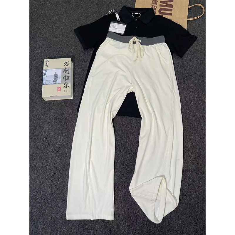 假两件斜切冰丝弯刀裤男夏季薄款凉感速干裤子垂感微喇直筒阔腿裤