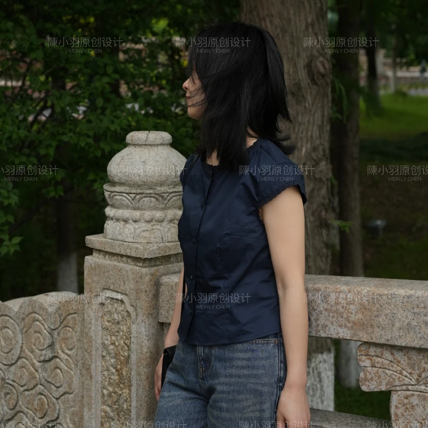 【MEINLY CHEN】【蕾丝蓝衬衫】高端设计师款时尚百搭气质衬衫8250230