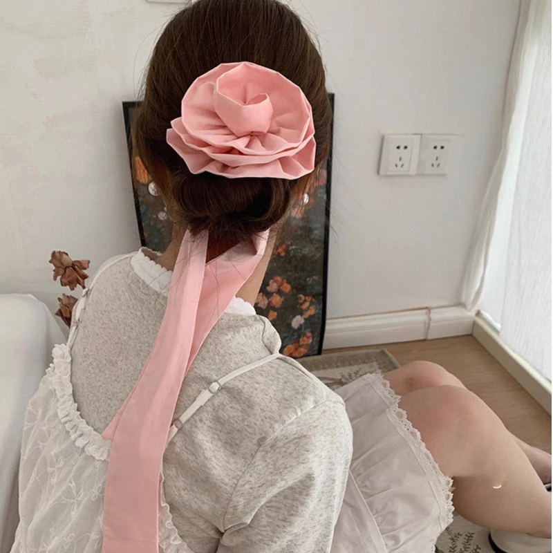 mona同款东大门欧尼大花玫瑰长款飘带发圈头饰发饰后脑勺盘发头绳