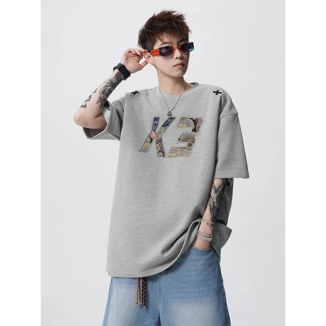 GS美式贴布绣短袖T恤男潮牌痞帅设计感高街潮流上衣休闲宽松体恤