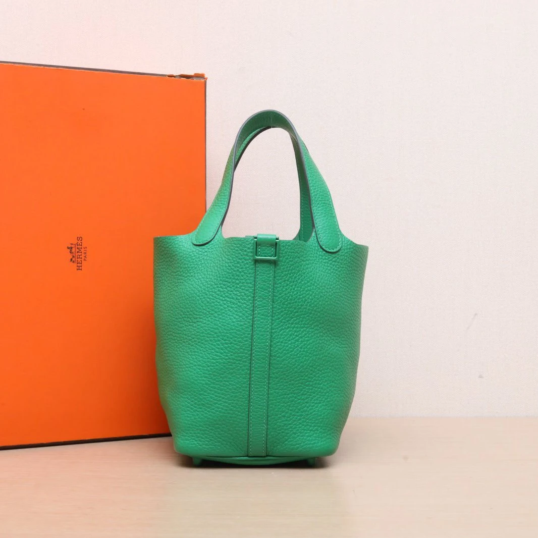 99新 Hermes/爱马仕 【黑黑】18 菜篮子 竹子绿 TC皮 Z刻 绿扣