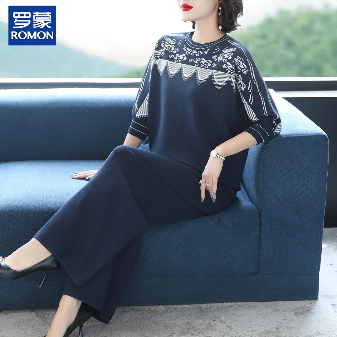 罗蒙高档妈妈秋装减龄圆领两件套时尚气质上衣中老年女士宽松套装