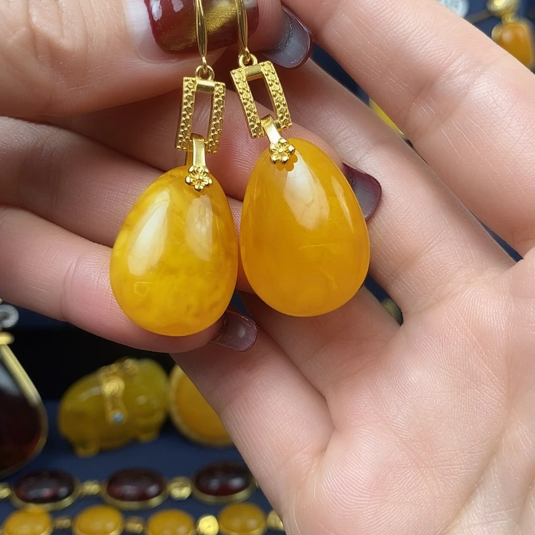 蜜蜡耳饰银S925镀金镶嵌