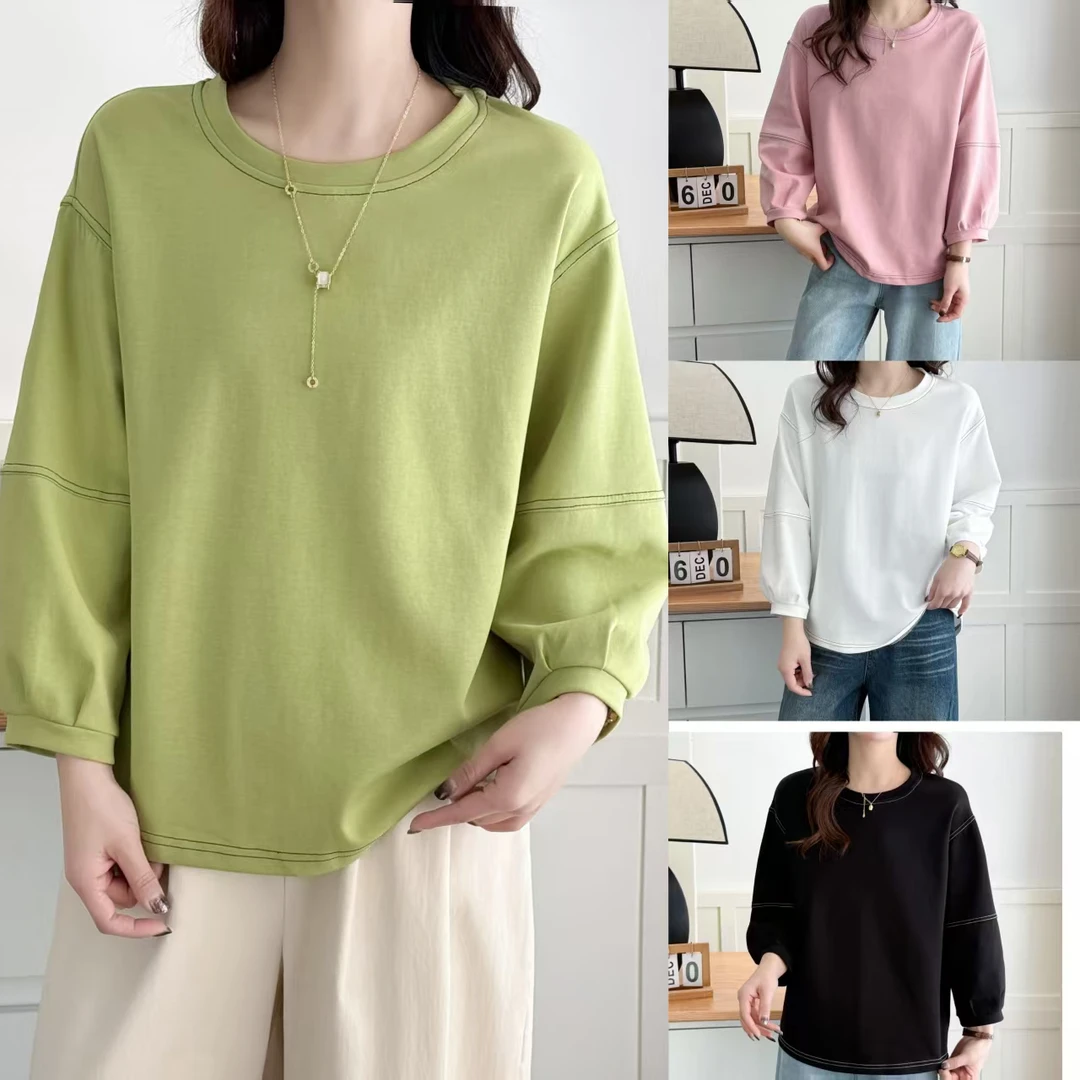新款显瘦大码时尚休闲百搭宽松简约纯色上衣圆领洋气2509
