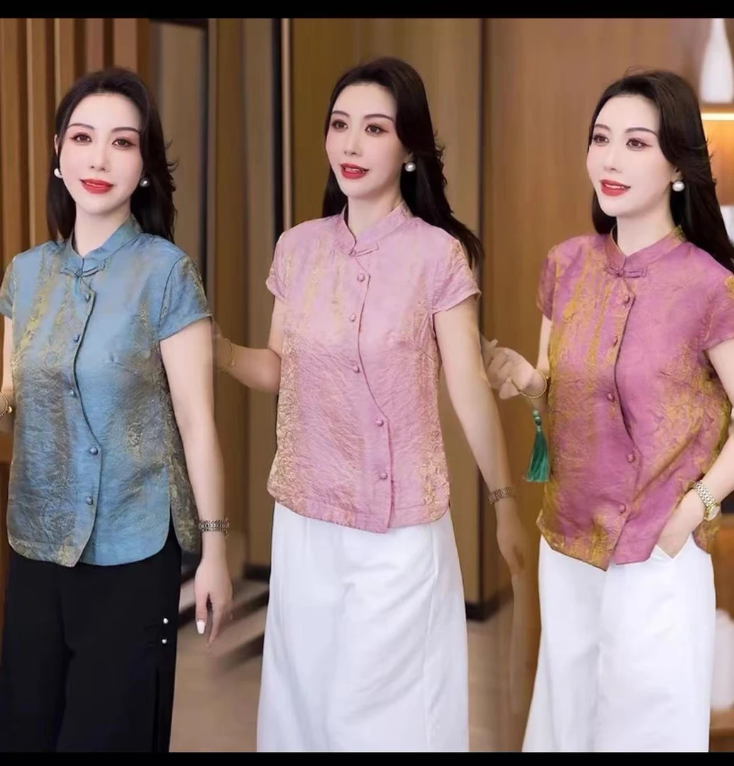 2025夏季新款新中式上衣女国风渐变粉色盘扣显瘦短袖
