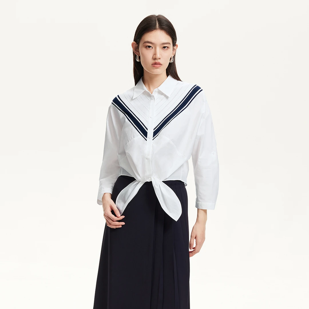 Vero Moda衬衫女春游出行洋气落肩袖宽松条纹针织拼接325231005