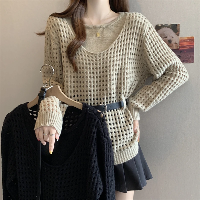 实拍~大码胖MM2025秋季新款韩系简约镂空针织假两件腰带洞洞毛衣