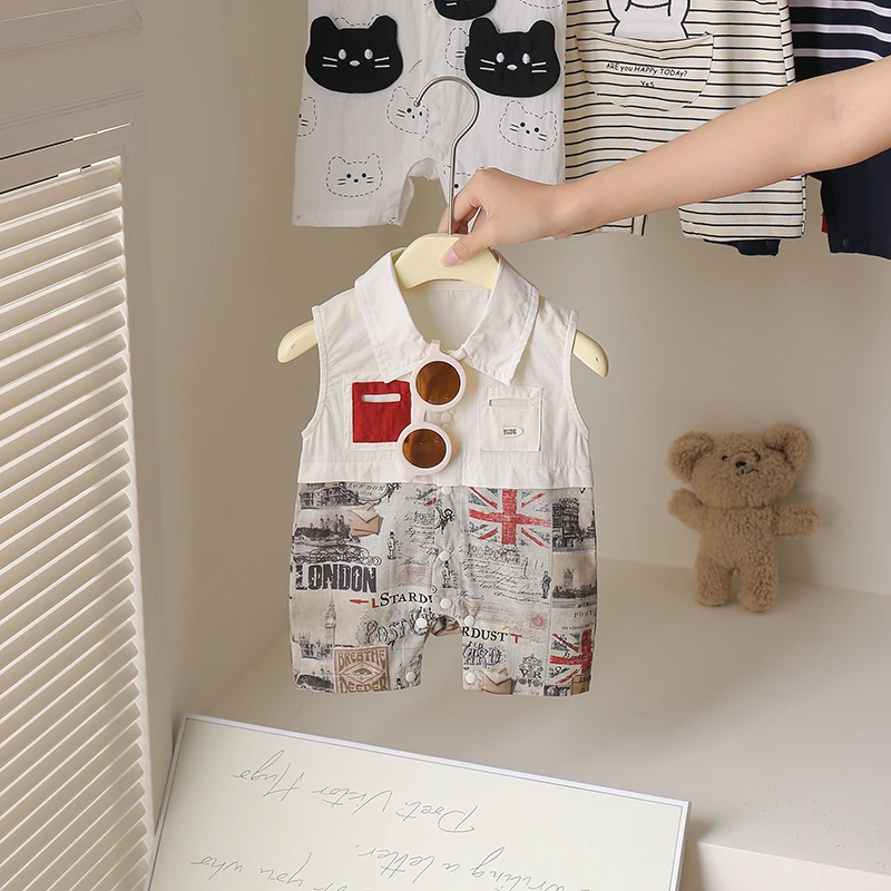 2025夏季新款婴儿男孩英伦风衣服男童无袖爬服衣服幼儿夏天外出服