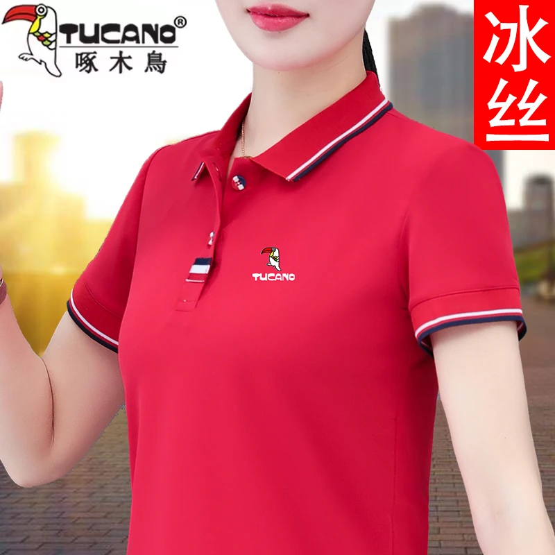 啄木鸟冰丝T恤女夏季2025新款红色中年妈妈显瘦翻领polo衫上衣服