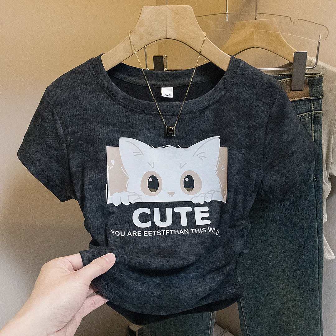 yoewshean/羽媗胖mm短袖T恤女夏季韩系上衣潮复古扎染印花褶皱