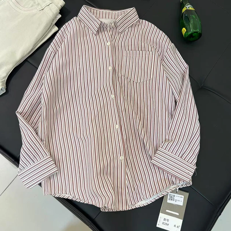 J29条纹衬衫女宽松复古2025夏薄款休闲衬衣外搭气质女士长袖上衣
