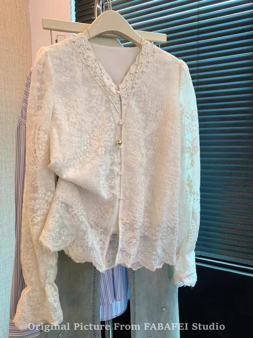 【751】名媛风重工钉珠蕾丝衬衫女早秋喇叭长袖v领衬衣法式小资上衣