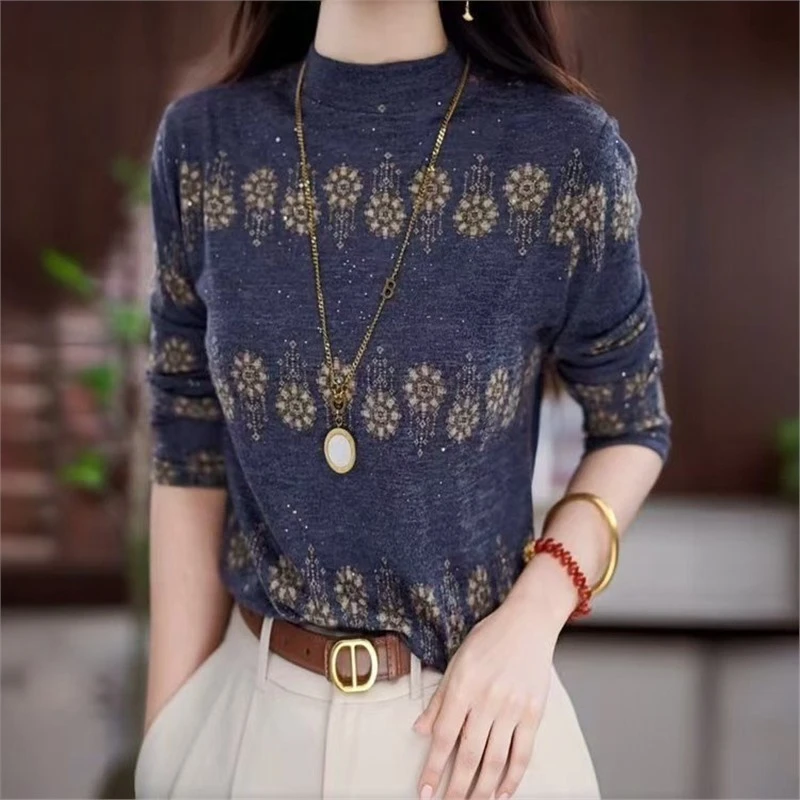 2025秋冬新款时尚洋气减龄印花一体绒显瘦打底衫上衣长袖半高领