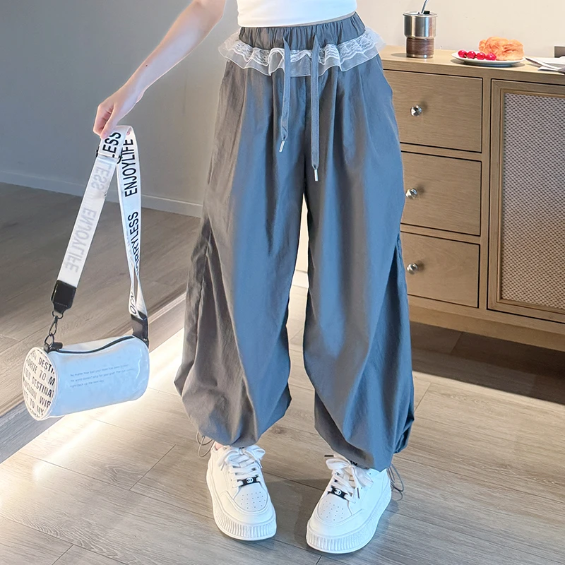 女童夏款蕾丝花边休闲直筒裤2025韩版时尚洋气潮酷阔腿裤