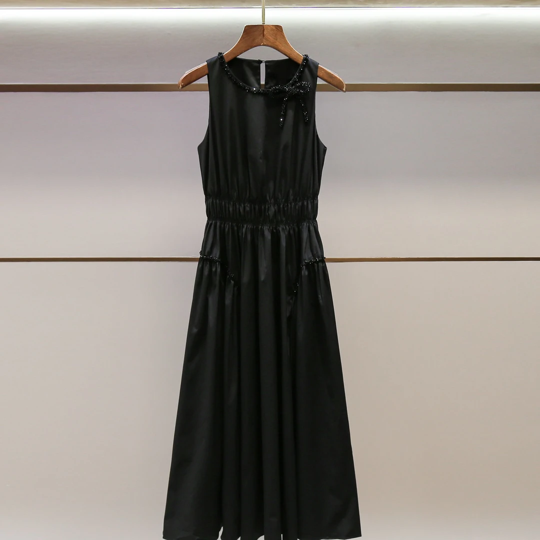 MIUMEM 2025夏新款优雅精致黑色蝴蝶结饰无袖收腰连衣裙 LA13412