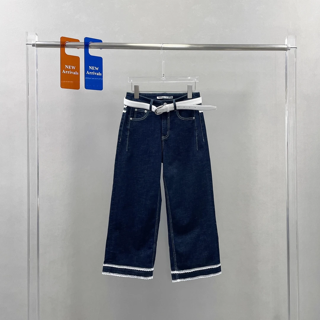 WEISU唯速春季新款单宁蓝蕾丝边拼接牛仔裤女高腰直筒九分裤52587