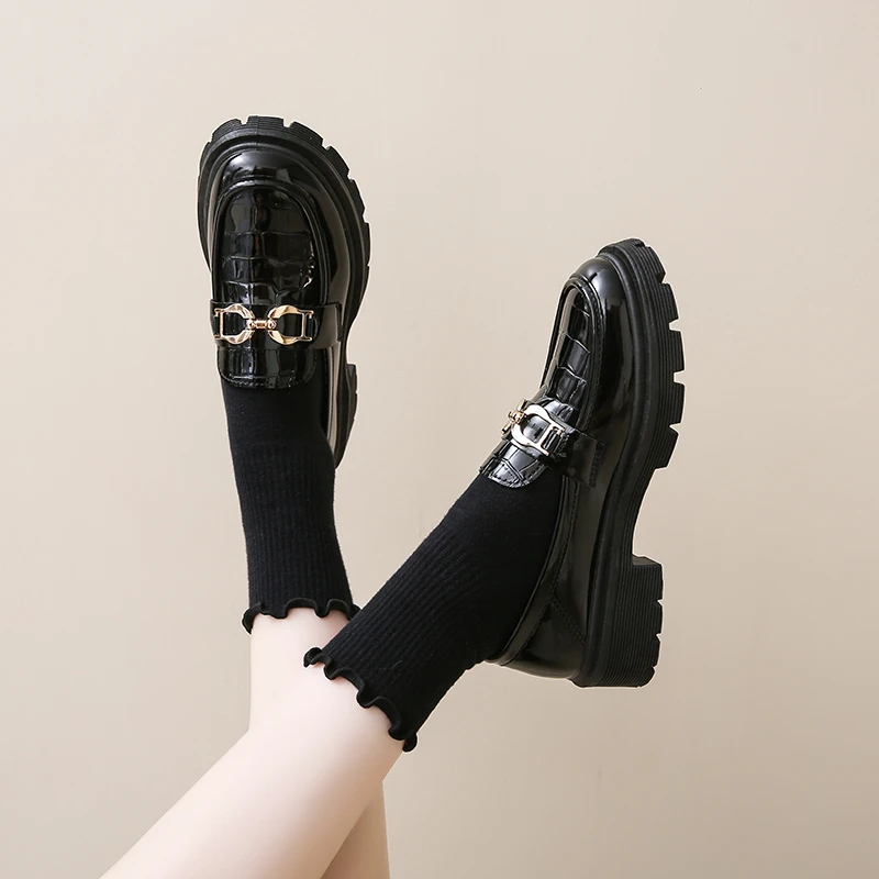 英伦风小皮鞋春秋百搭黑色真软皮复古粗跟厚底乐福鞋