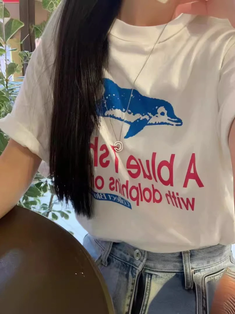 韩国 teket夏季新款卡通海豚印花圆领套头棉宽松ins休闲短袖T恤女