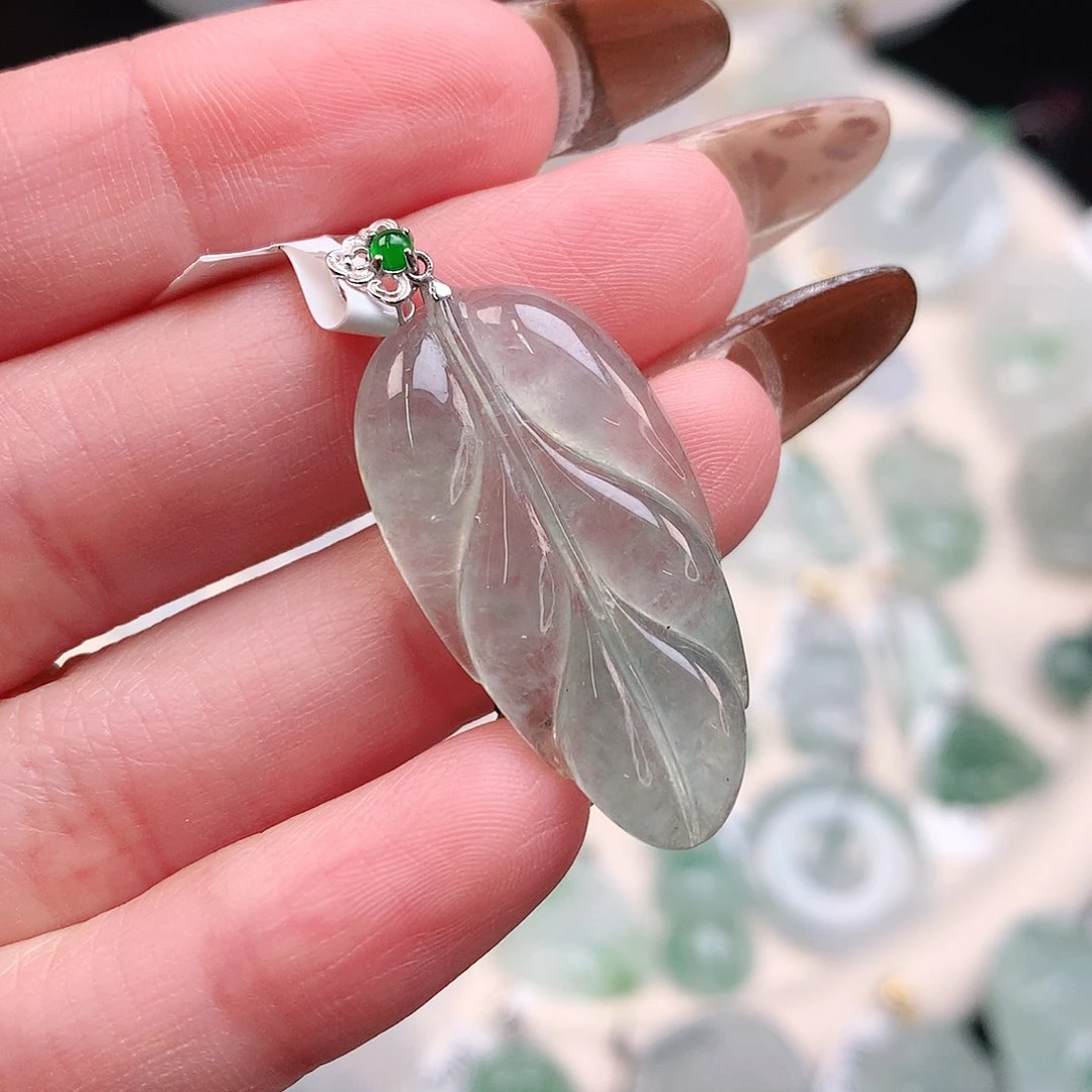 翡翠颈饰18K金镶嵌冰晴叶子38、31.5、16.6、3.7