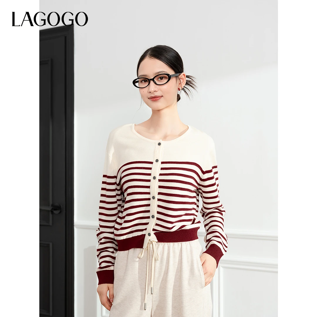 lagogo拉谷谷新款含羊毛条纹舒适通勤针织女NCMM829A22