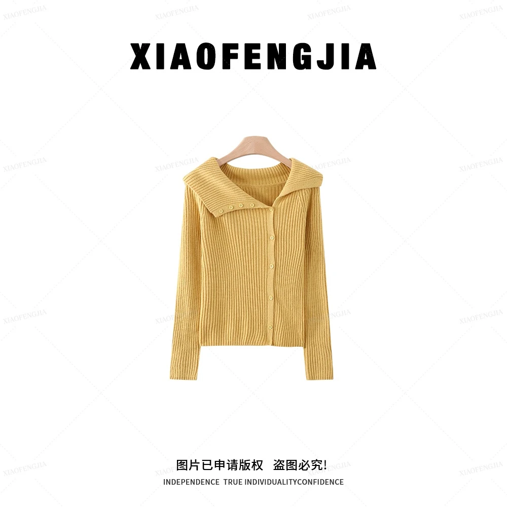 【四季青小封家轻奢】新款秋季韩系洋气侧开扣翻领针织衫毛衣2050