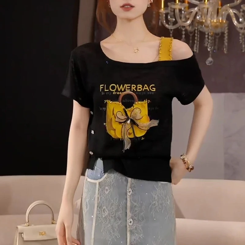 韩版设计感重工烫钻露肩短袖t恤女2026夏季新款气质针织衫上衣潮