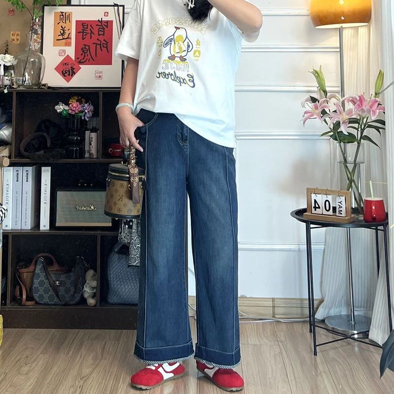 YZJ【拯救粗腿计划】九分夏季直筒高弹薄款窄版阔腿休闲百搭牛仔裤