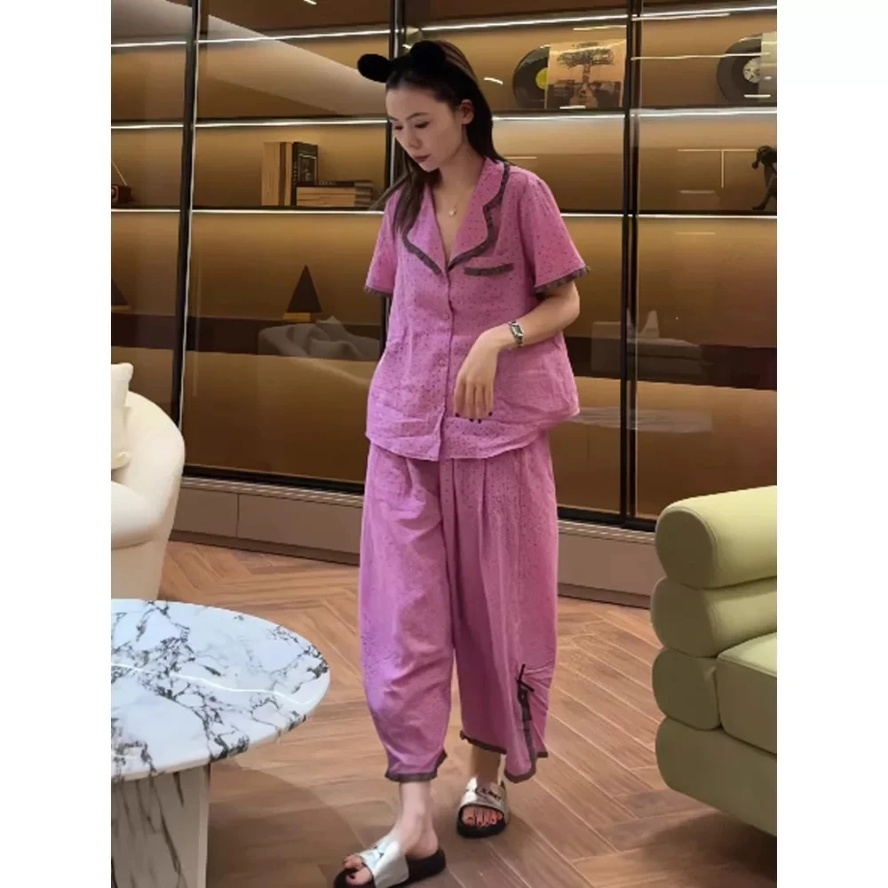 2025年夏季新款翻领开衫短袖长裤睡衣女薄款可外穿波点家居服套装