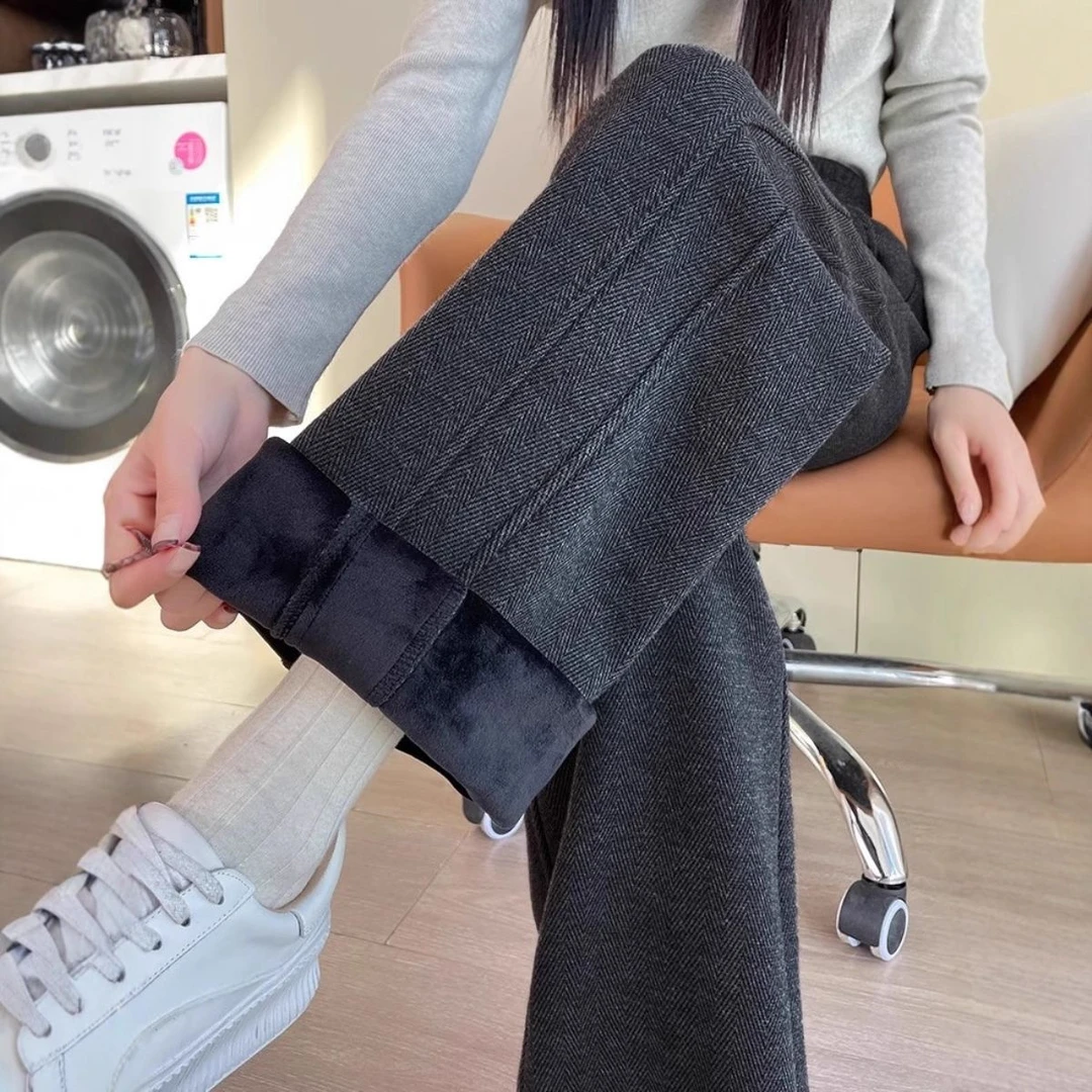 啄木鸟秋冬新款加绒阔腿裤女开叉设计感外穿保暖高腰休闲拖地裤