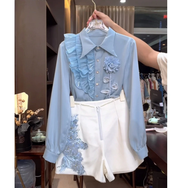 芙娜妮短裤新中式polo领刺绣不规则秋季时尚百搭女裙子F2431261B