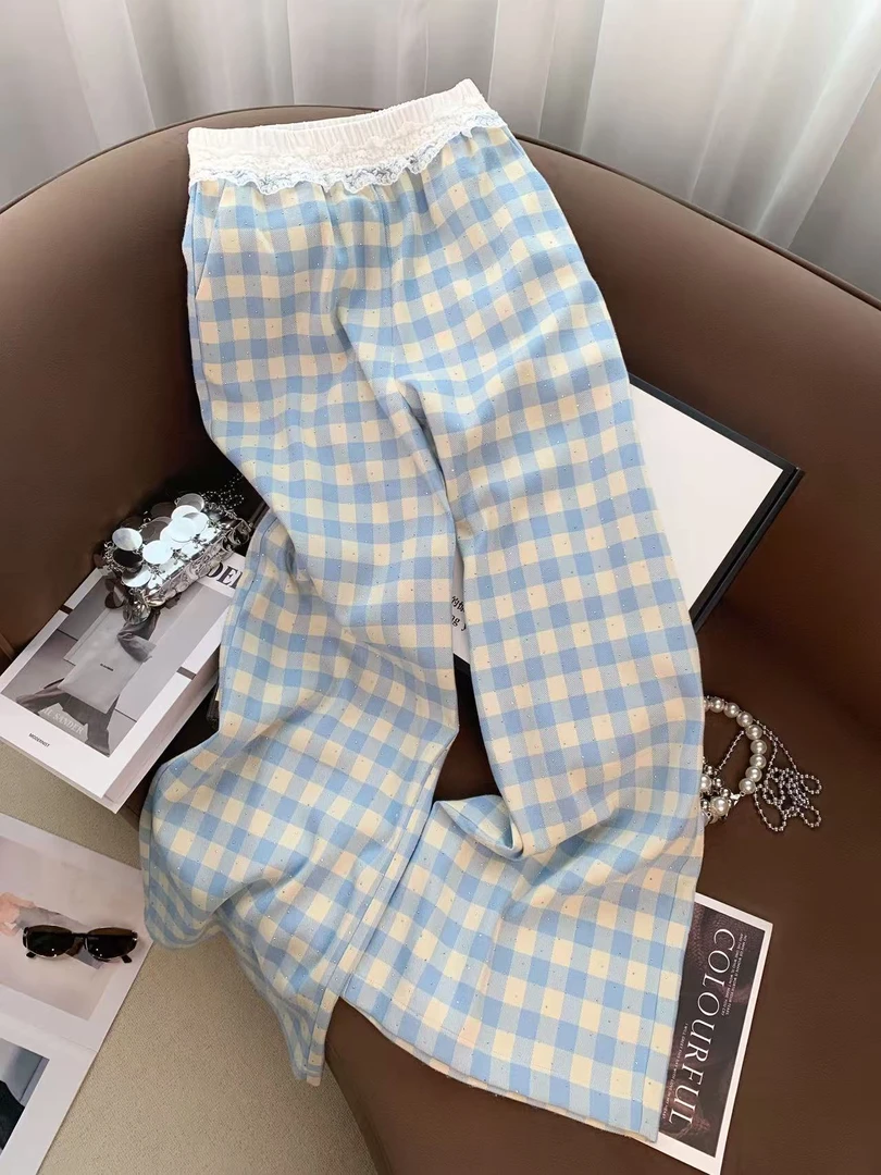 ZHOUYI/周一 2025夏季新款时尚潮流裤子蓝色条纹格子裤百搭长裤女