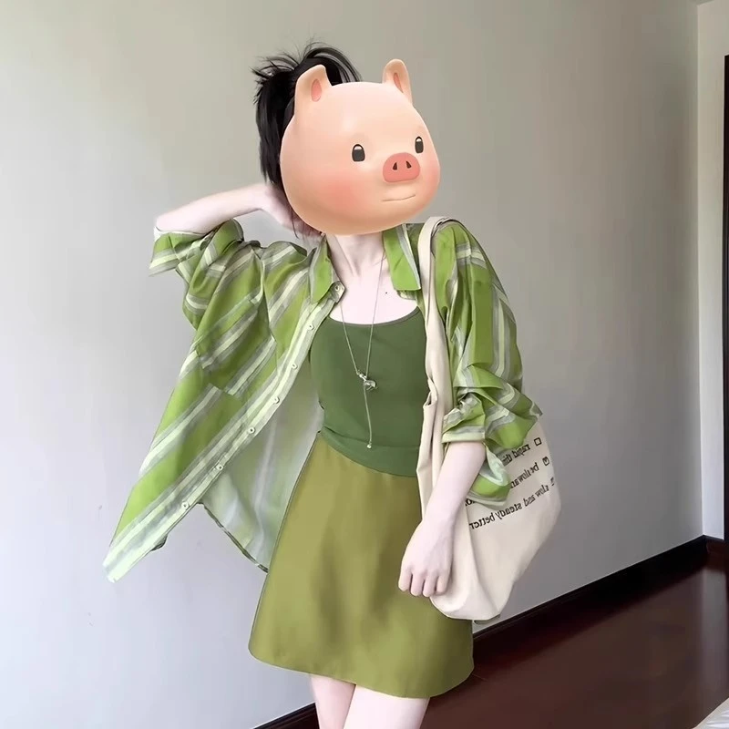 小众别致慵懒风绿色条纹Polo领长袖衬衫女装早秋新款独特衬衣上衣