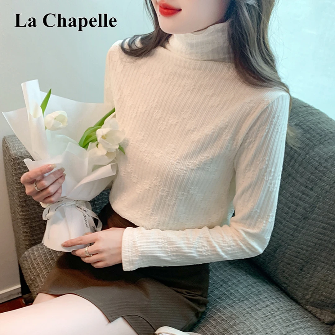 拉夏贝尔秋冬新款韩版百搭修身显瘦半高领加绒加厚打底蕾丝针织衫